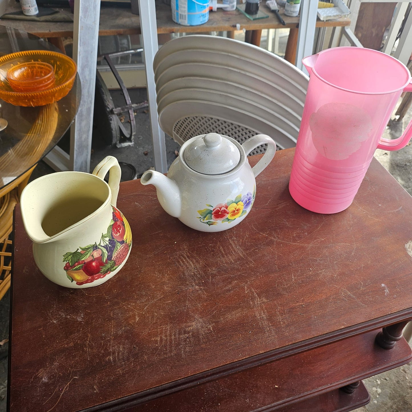 2 Ceramic Floral Teapots + Plastic Pitcher