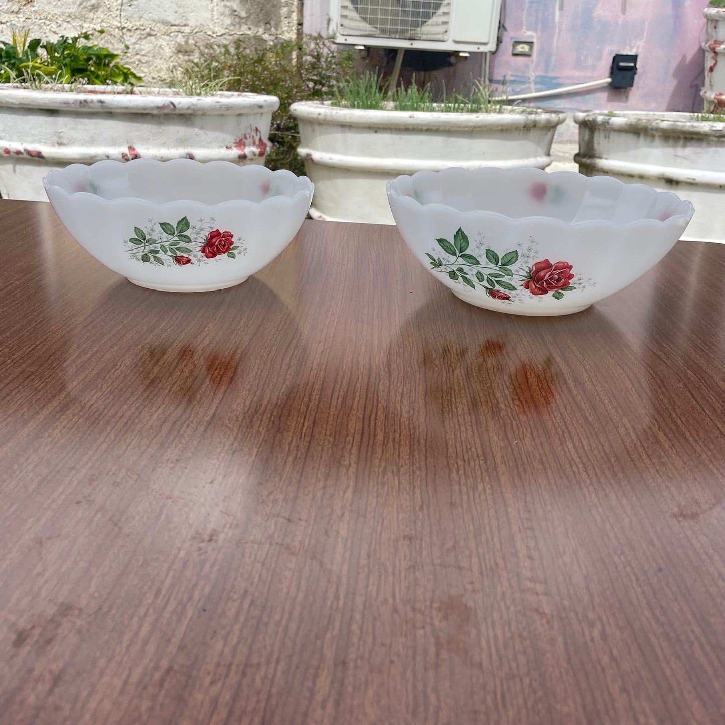 2 Scalloped Milk Glass Bowls with Rose Pattern