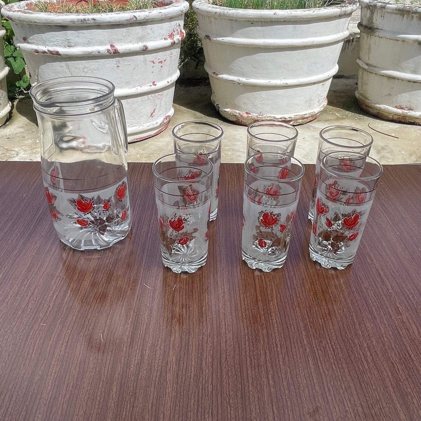 6 Frosted Glass Tumblers + Pitcher with Red Floral Pattern
