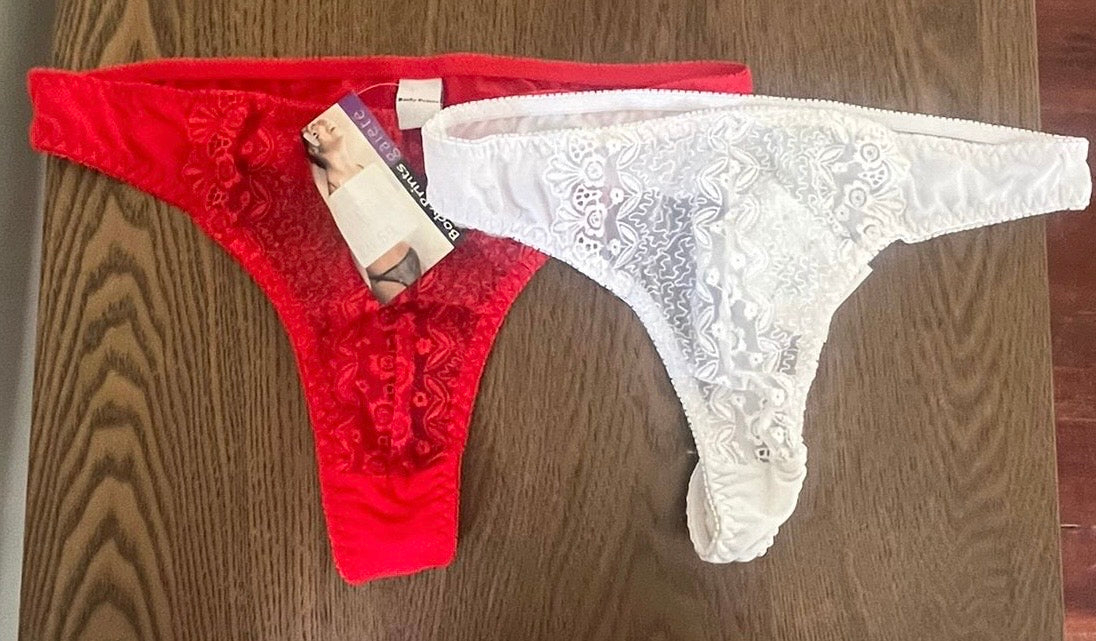 Pink Bra Size 38 DD + Lace Boxer Panty Size 14 + 2 Body Prints Panties (Red and White)- Size 14/16 + 3 Panties- Size 14-16