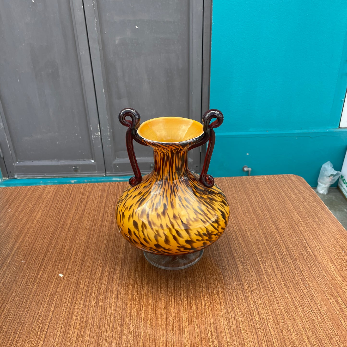 Amber and Black Speckled Vase with Handles