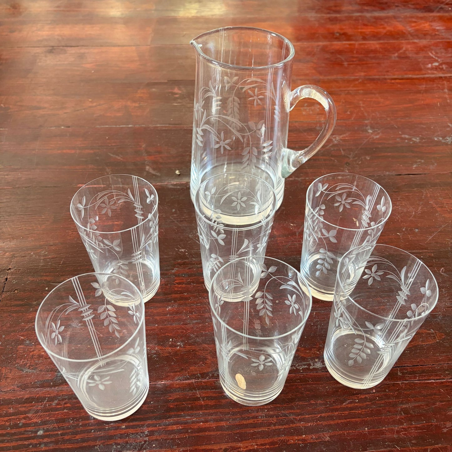 Etched Glass Pitcher and 6 Tumblers