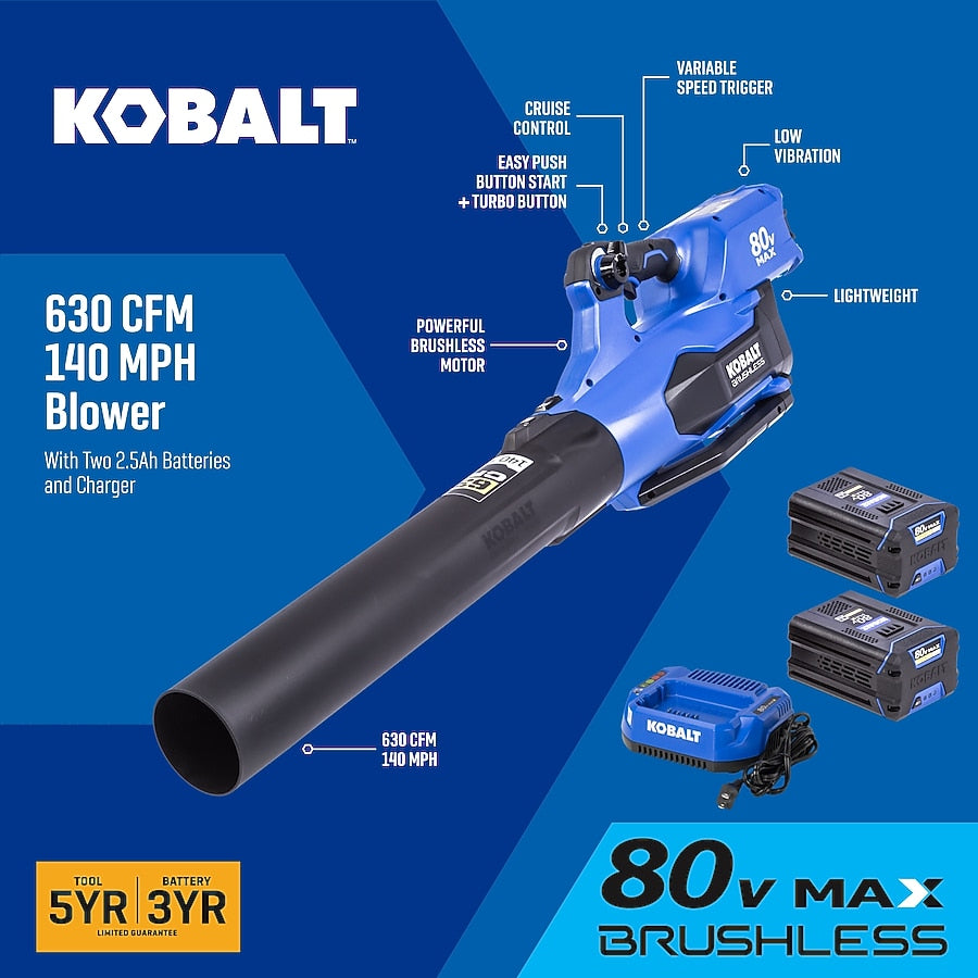 Kobalt 80-volt 630-CFM 140-MPH Battery Handheld Leaf Blower 2.5 Ah Battery Included Charger Included