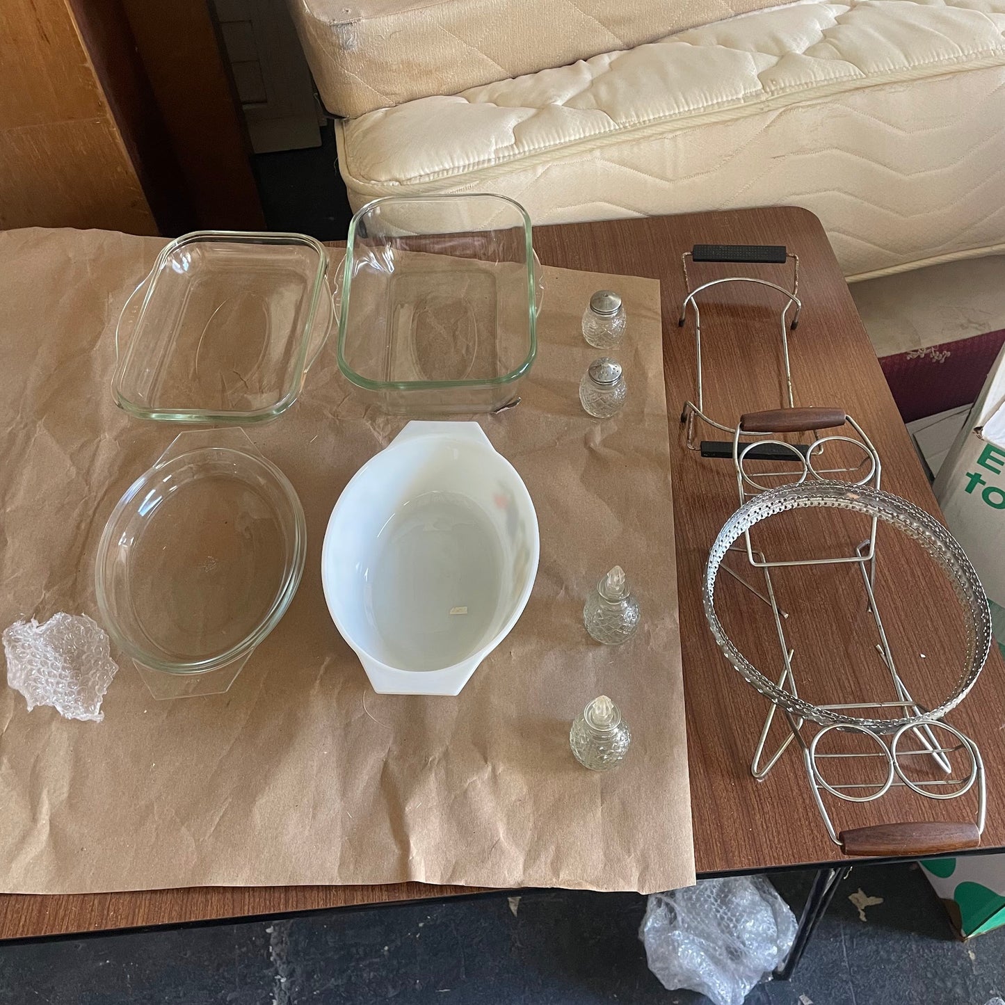 Lot of Assorted Glass Bakeware, Condiment Shakers, and Serving Stands