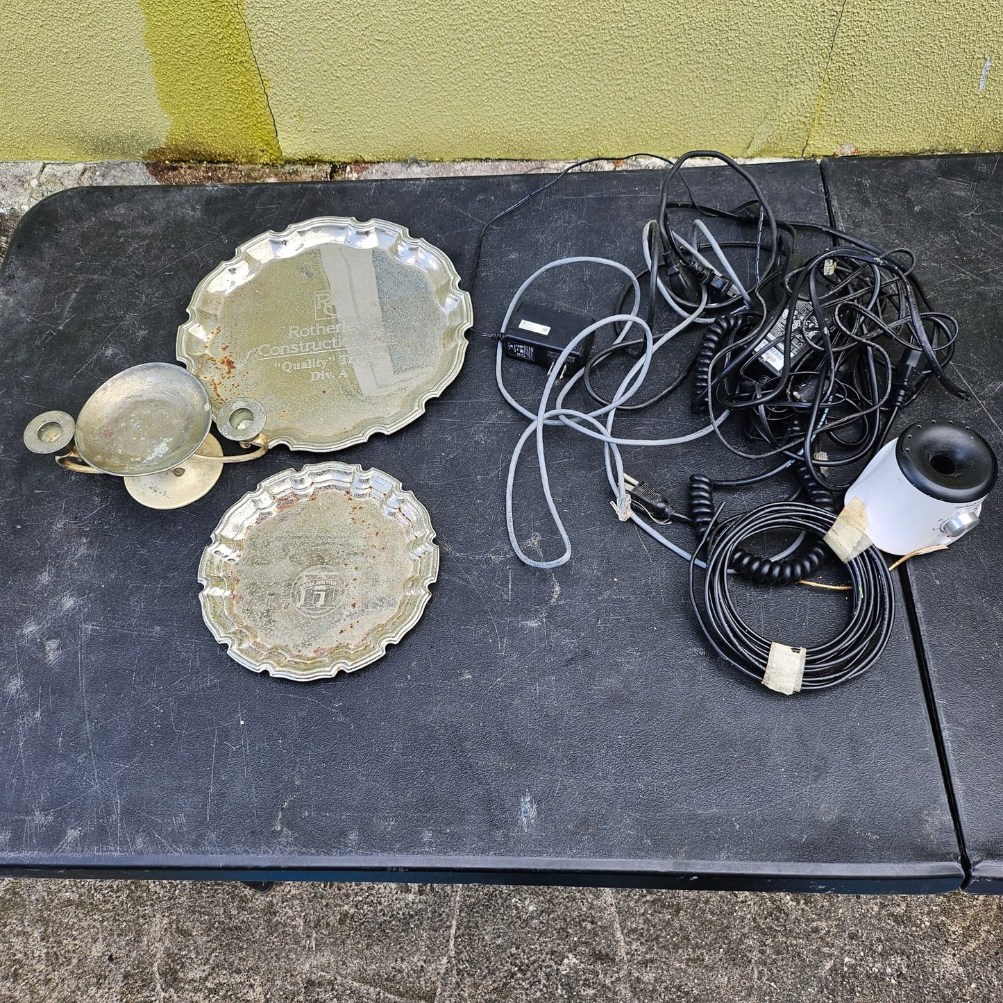 Mixed Lot of Silver Plated Trays, Candle Holder, and Assorted Electronics