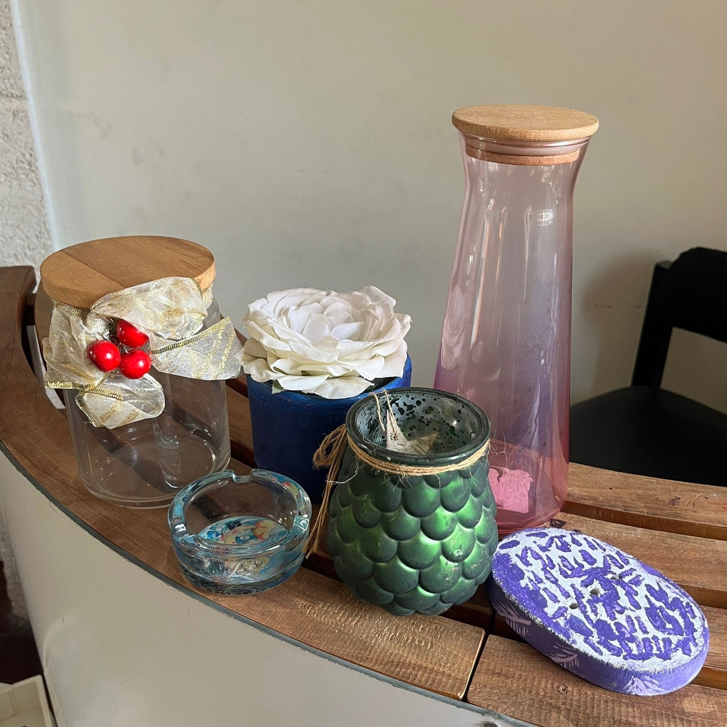 Pink Glass Carafe with Wooden Stopper