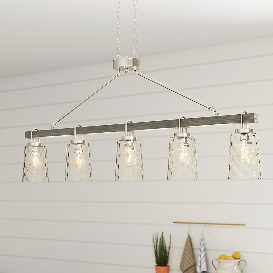 Progress Lighting Tiana 5 Light Brushed Nickel with Driftwood Accents Coastal Clear Glass Linear Large Hanging Kitchen Island Light