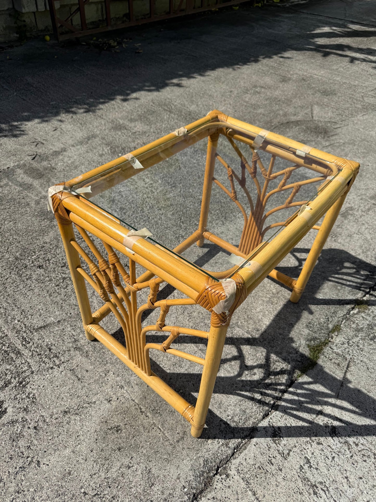 Rattan and Glass Side Table with Tree Design Base