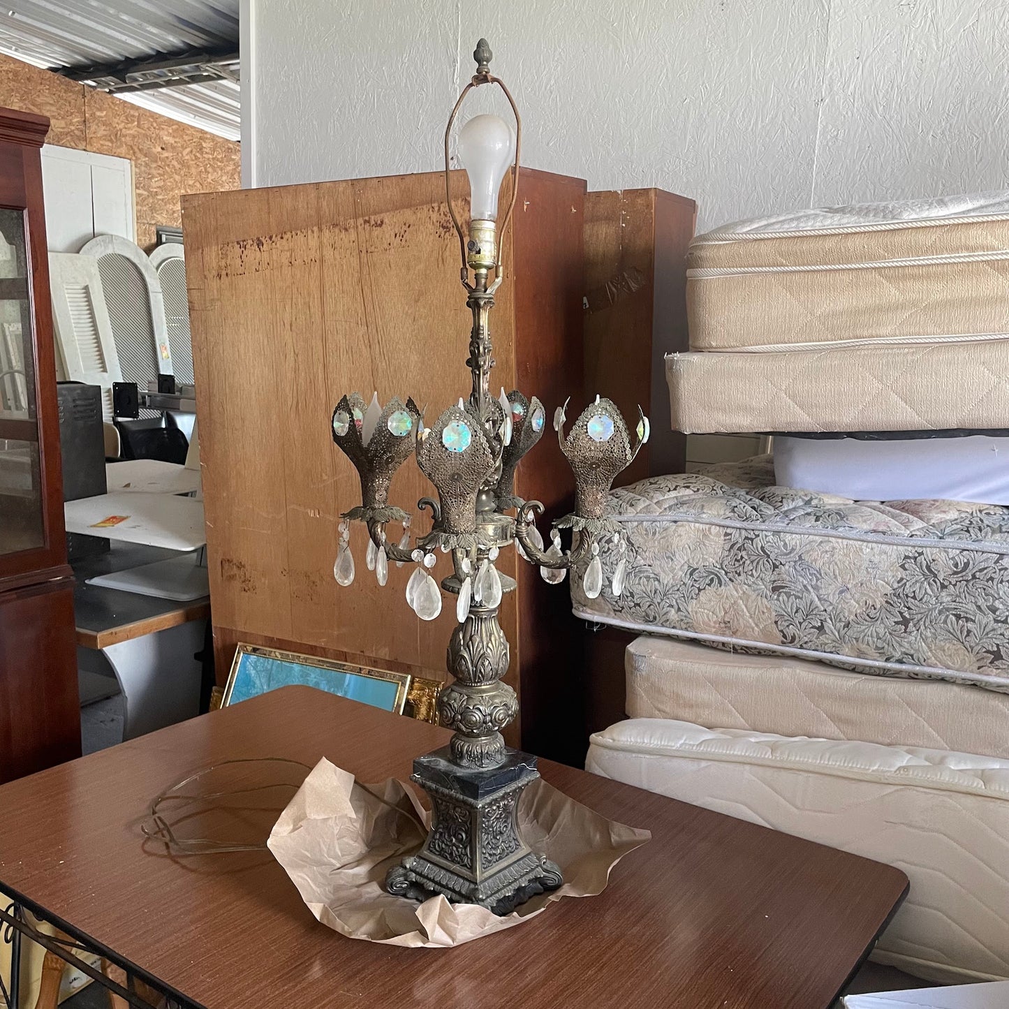 Vintage Ornate Candelabra Table Lamp with Crystal Drops