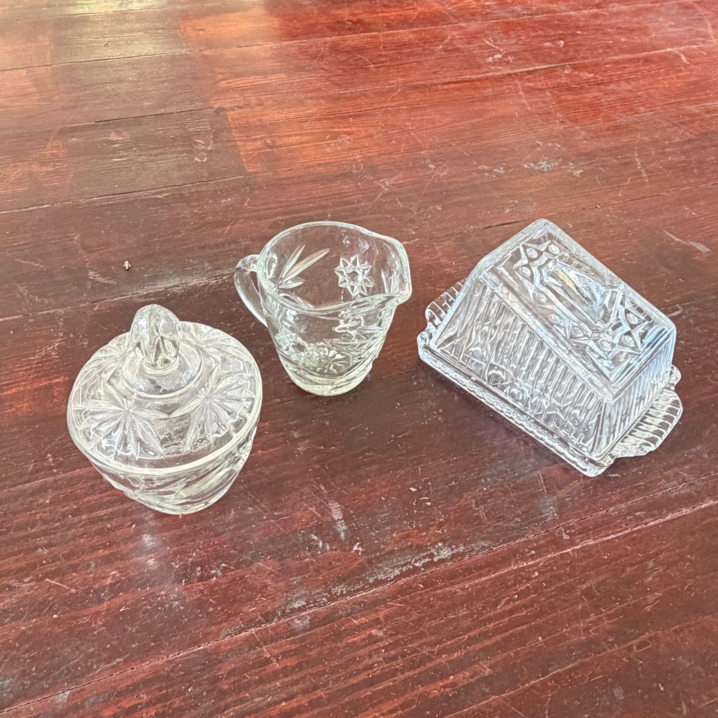 Vintage Pressed Glass Creamer, Sugar Bowl, and Butter Dish Set
