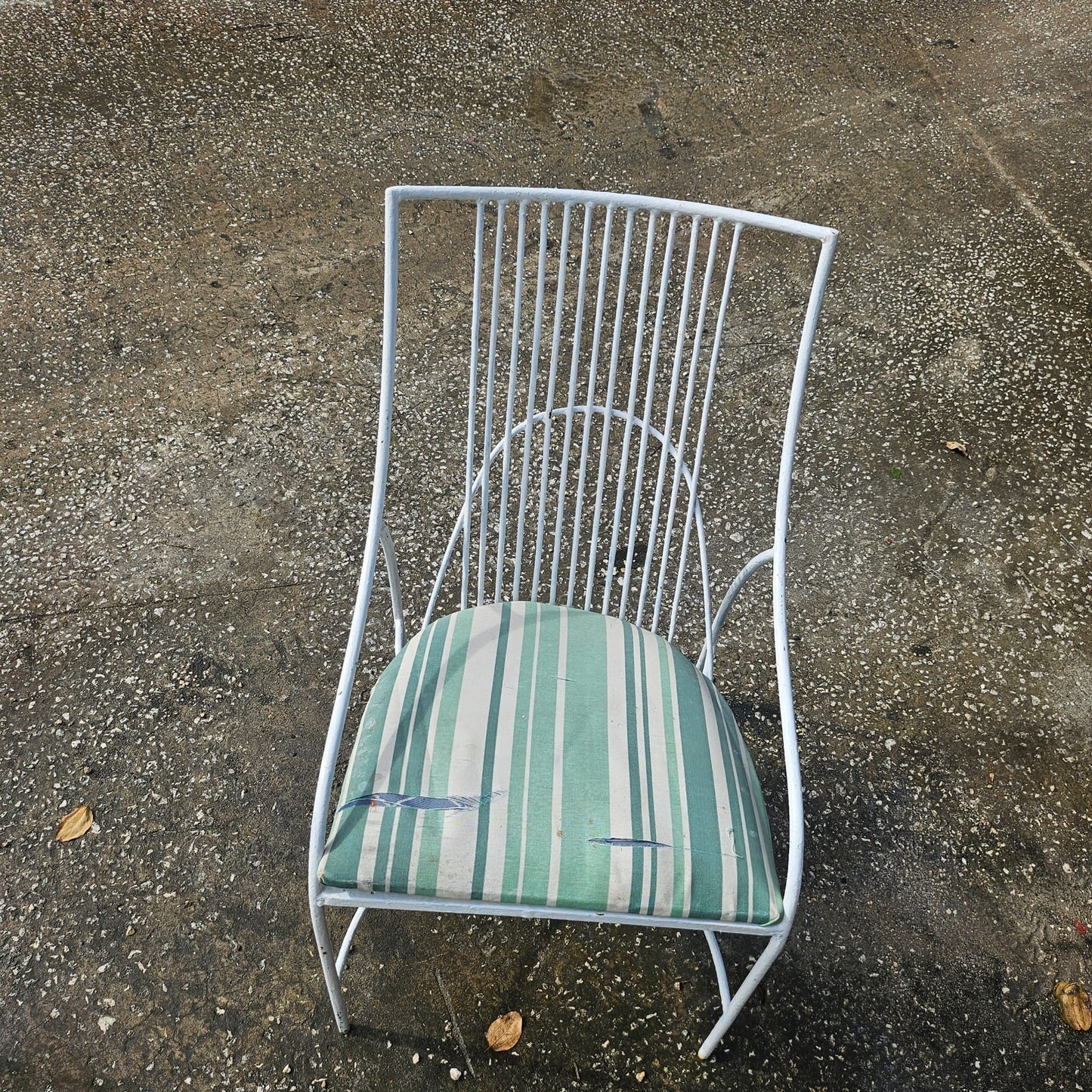 Vintage White Metal Outdoor Chair with Striped Cushion #1