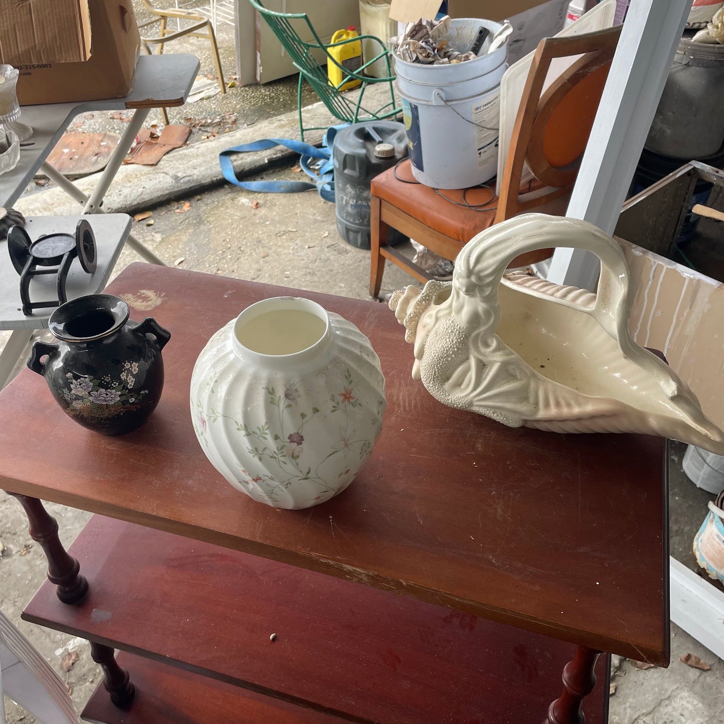 White Ceramic Conch Shell Planter + 2 Vases