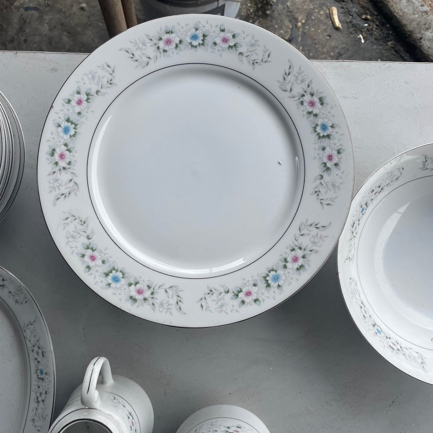 White Porcelain Dinnerware Set with Floral Border
