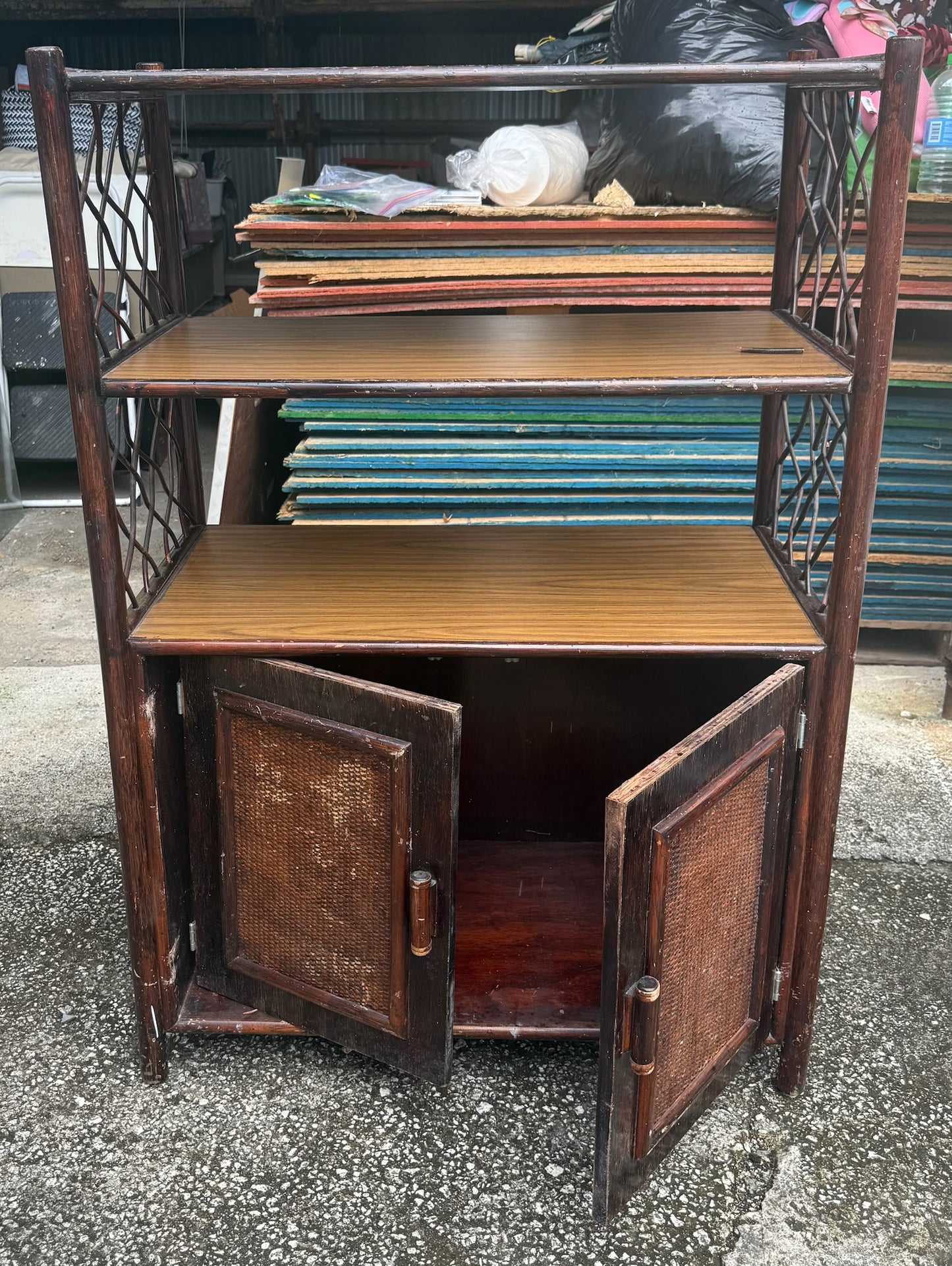 Antique Bamboo Cabinet w/ 3 Tier Shelving Unit- ( 17” W x 32.5” L x 49.5” H)