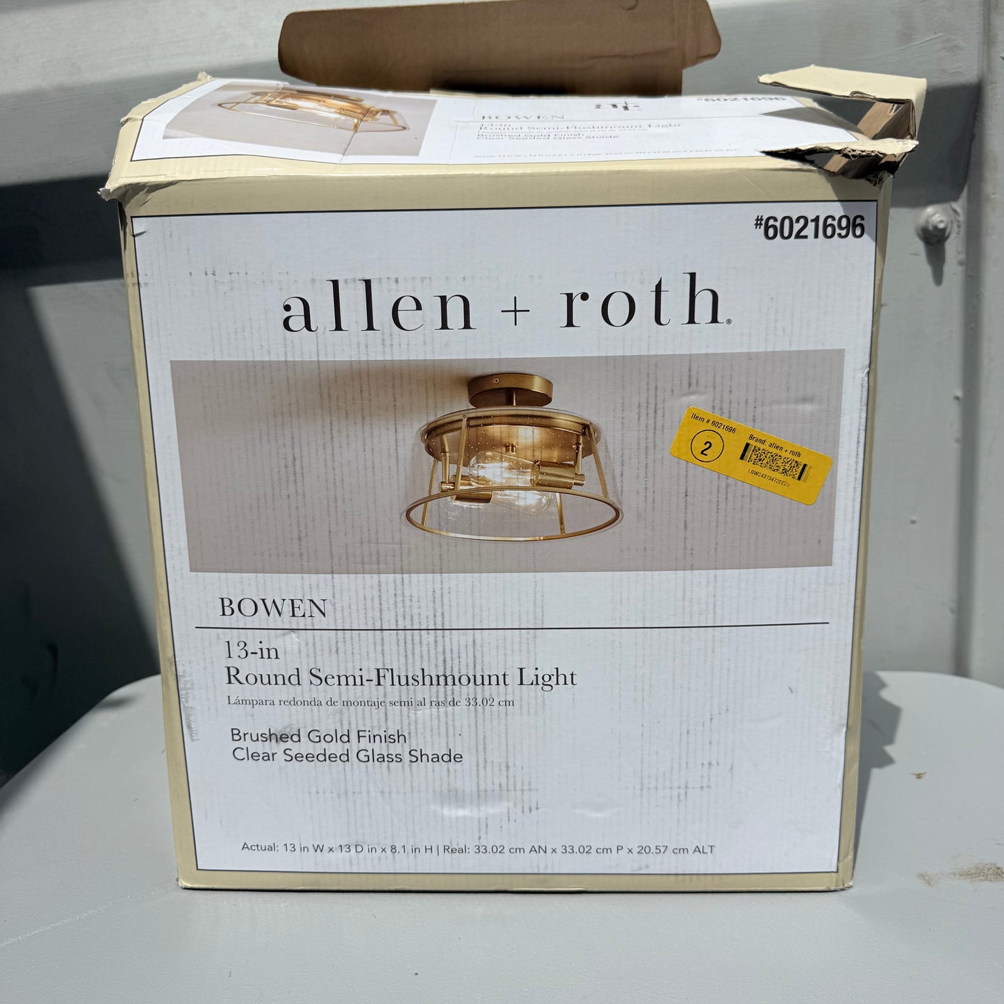 allen + roth Bowen 13-in Brushed gold Indoor 2 -Light Semi-flush Mount Light w/ Seeded Glass