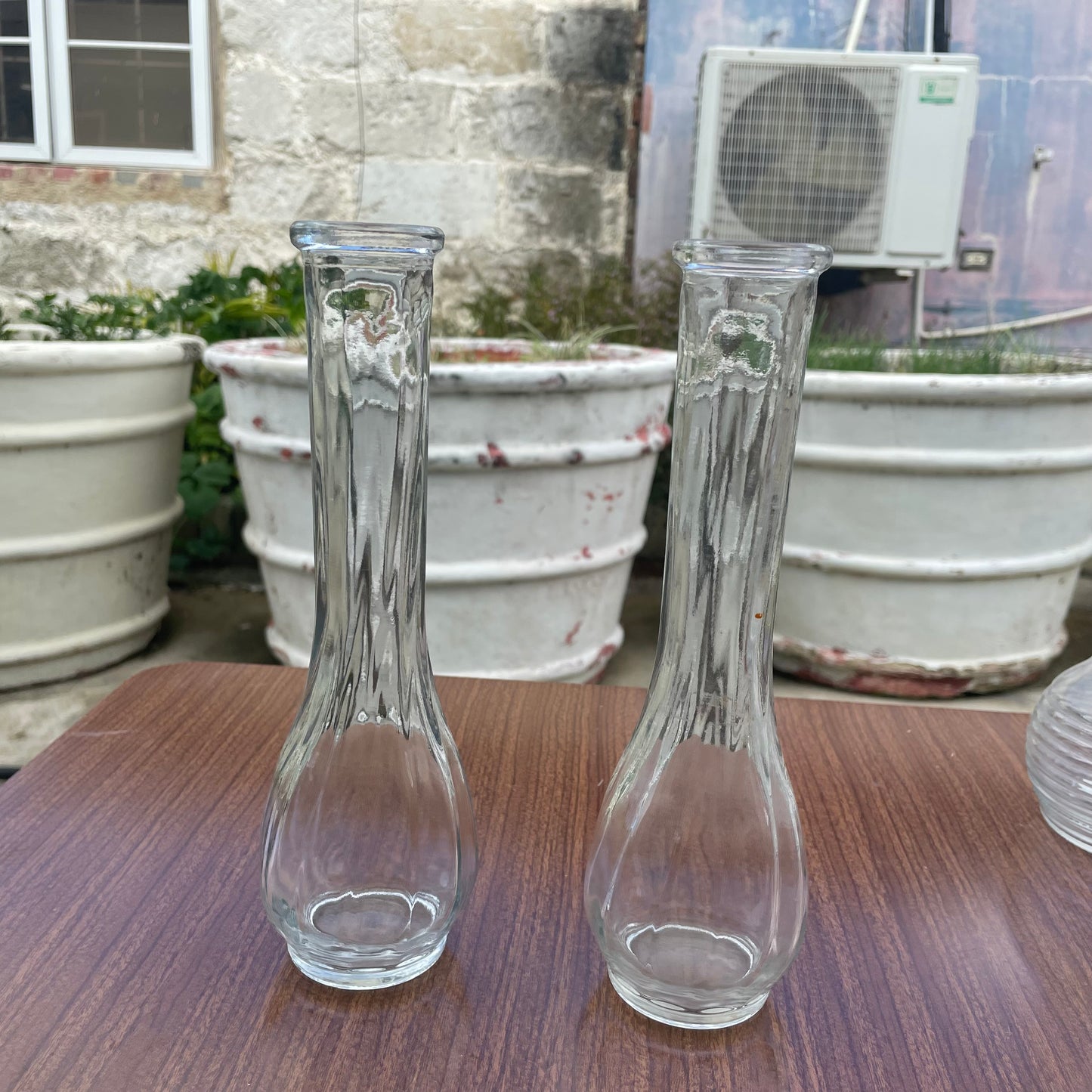 2 Clear Ribbed Glass Vases