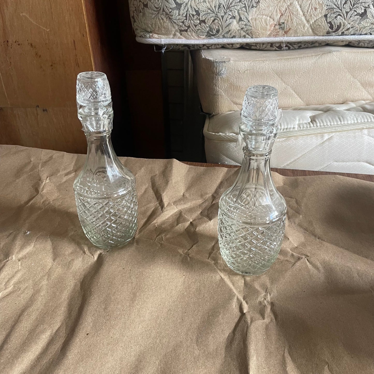 2 Diamond Cut Glass Decanters with Stoppers