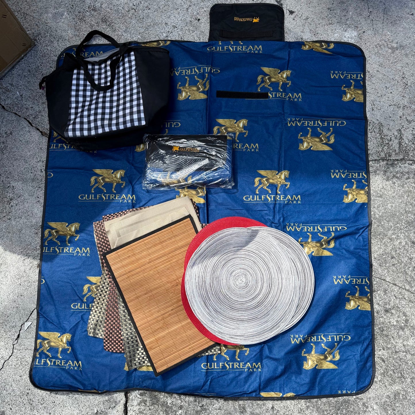 2 Gulfstream Park Picnic Blankets, Checkered Tote Bag + Assorted Round Placemats + Rectangular Placemats