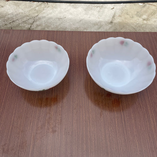 2 Scalloped Milk Glass Bowls with Rose Pattern