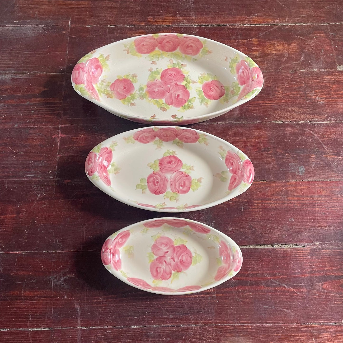 3-Piece Ceramic Pink Rose Floral Serving Dish Set
