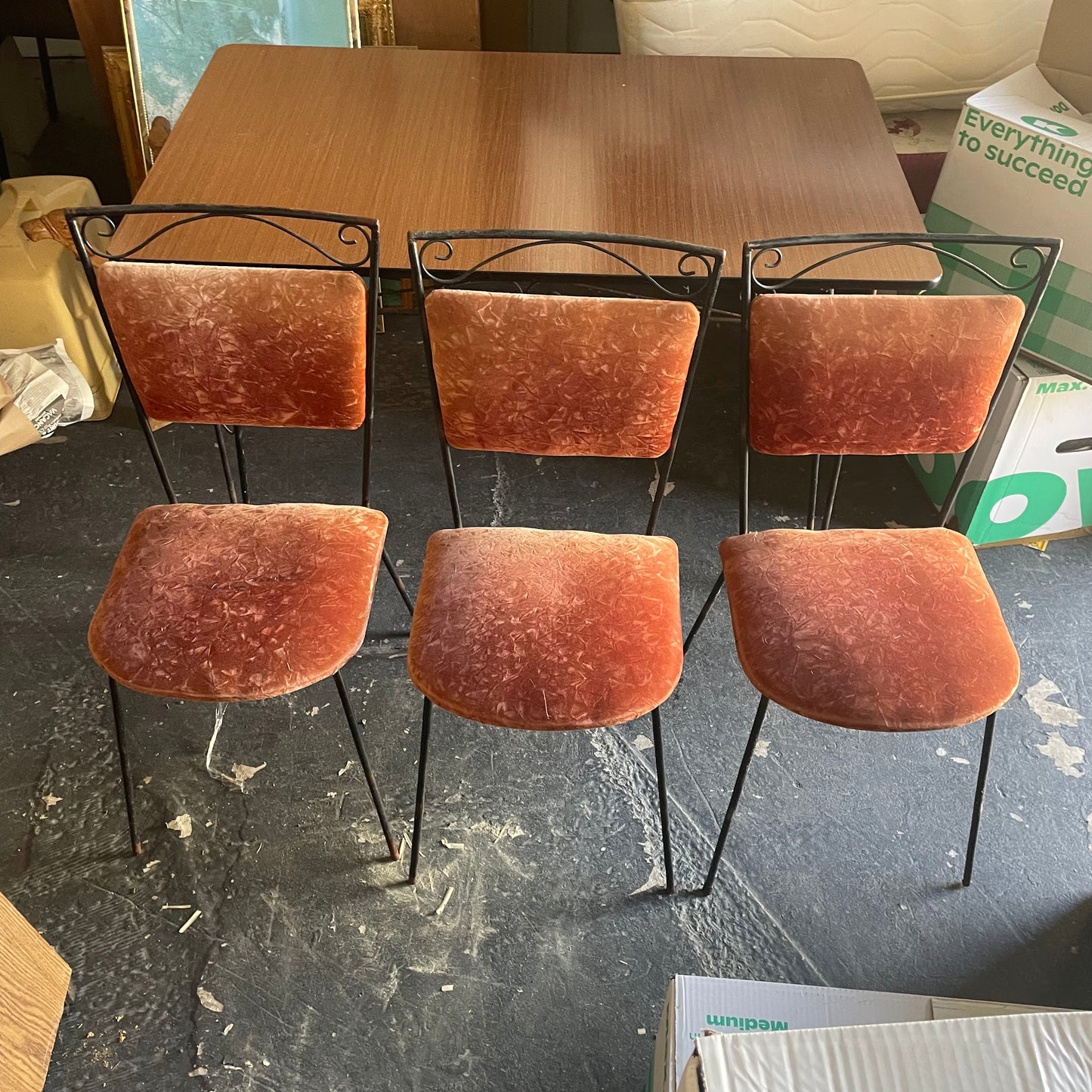 3 Vintage Wrought Iron Velvet Chairs + Wrought Iron Table