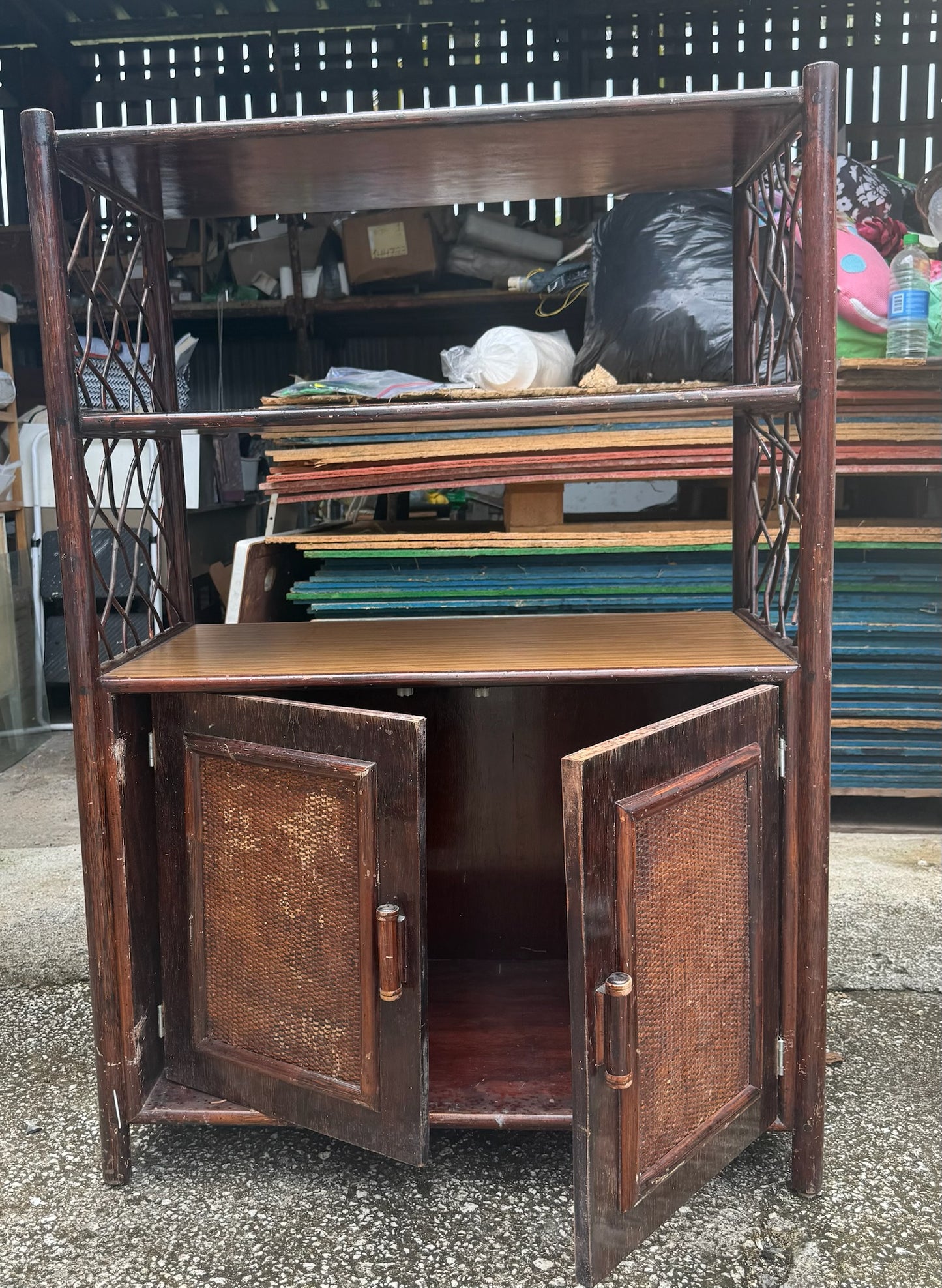 Antique Bamboo Cabinet w/ 3 Tier Shelving Unit- ( 17” W x 32.5” L x 49.5” H)