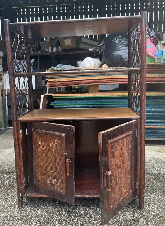 Antique Bamboo Cabinet w/ 3 Tier Shelving Unit- ( 17” W x 32.5” L x 49.5” H)