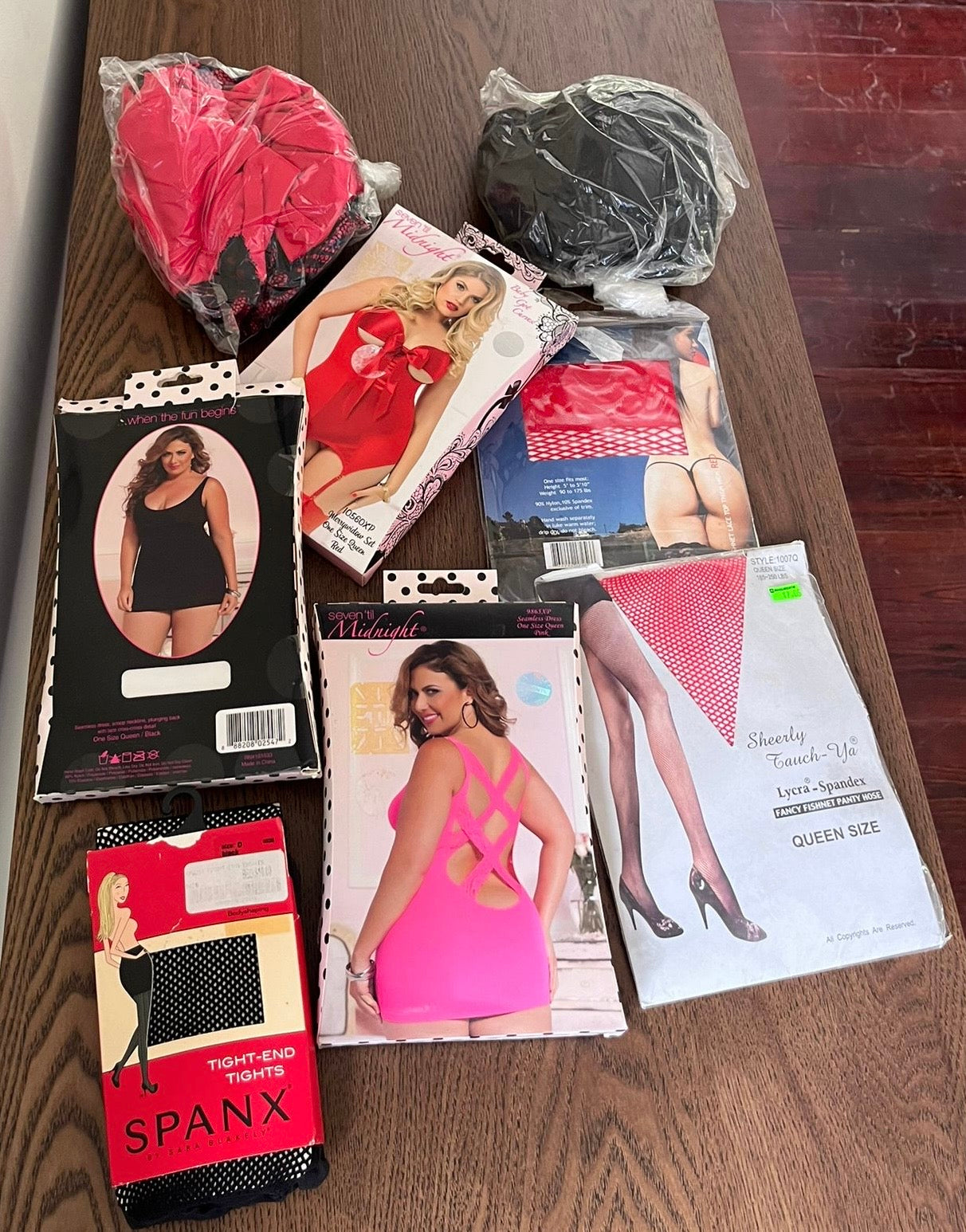 Blue Raffle Dress w/ Rhinestone Straps- Size 2XL + White Dress- Size 3x + 3 Printed Neck Scarfs + Women's Lingeries + Fishnet Stockings One Size Queen
