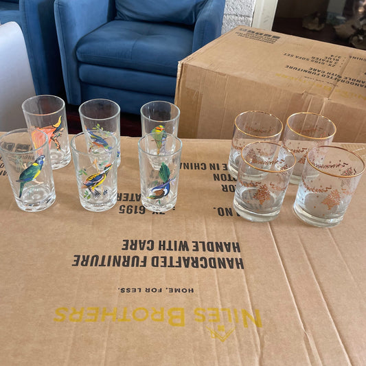 4 Gold Rimmed Festive Glasses + 6 Bird Themed Tumblers