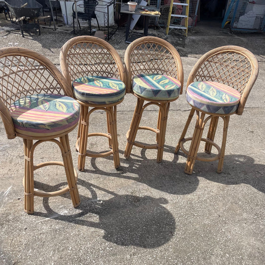 4 Rattan Bar Stools with Patterned Cushions