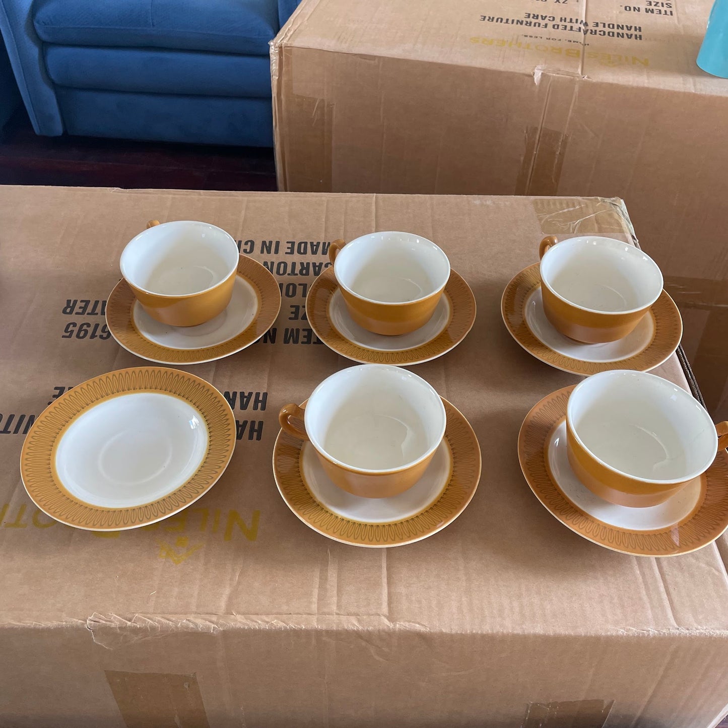 5 Orange and White Ceramic Cup and Saucer Sets