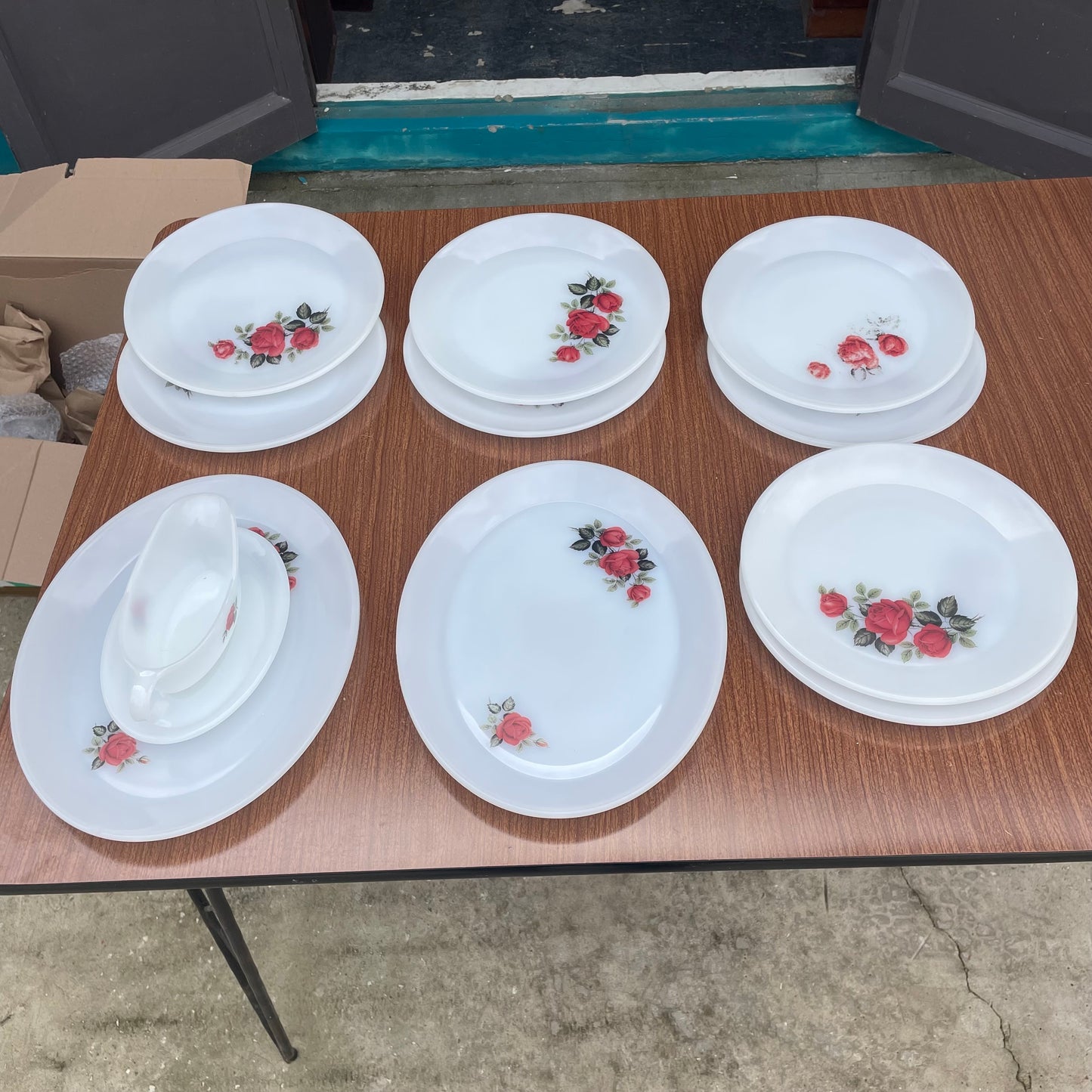 6 Opal Glass Oval Dinner Plates with Rose Pattern