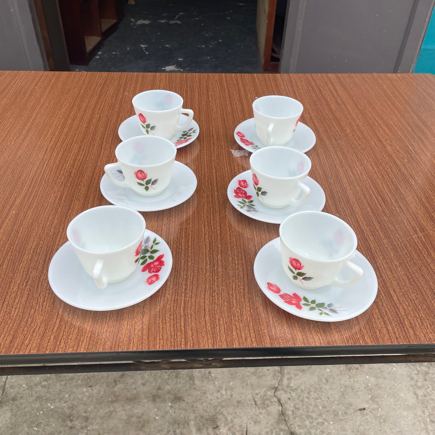 6 White Rose Pattern Tea Cups with Saucers