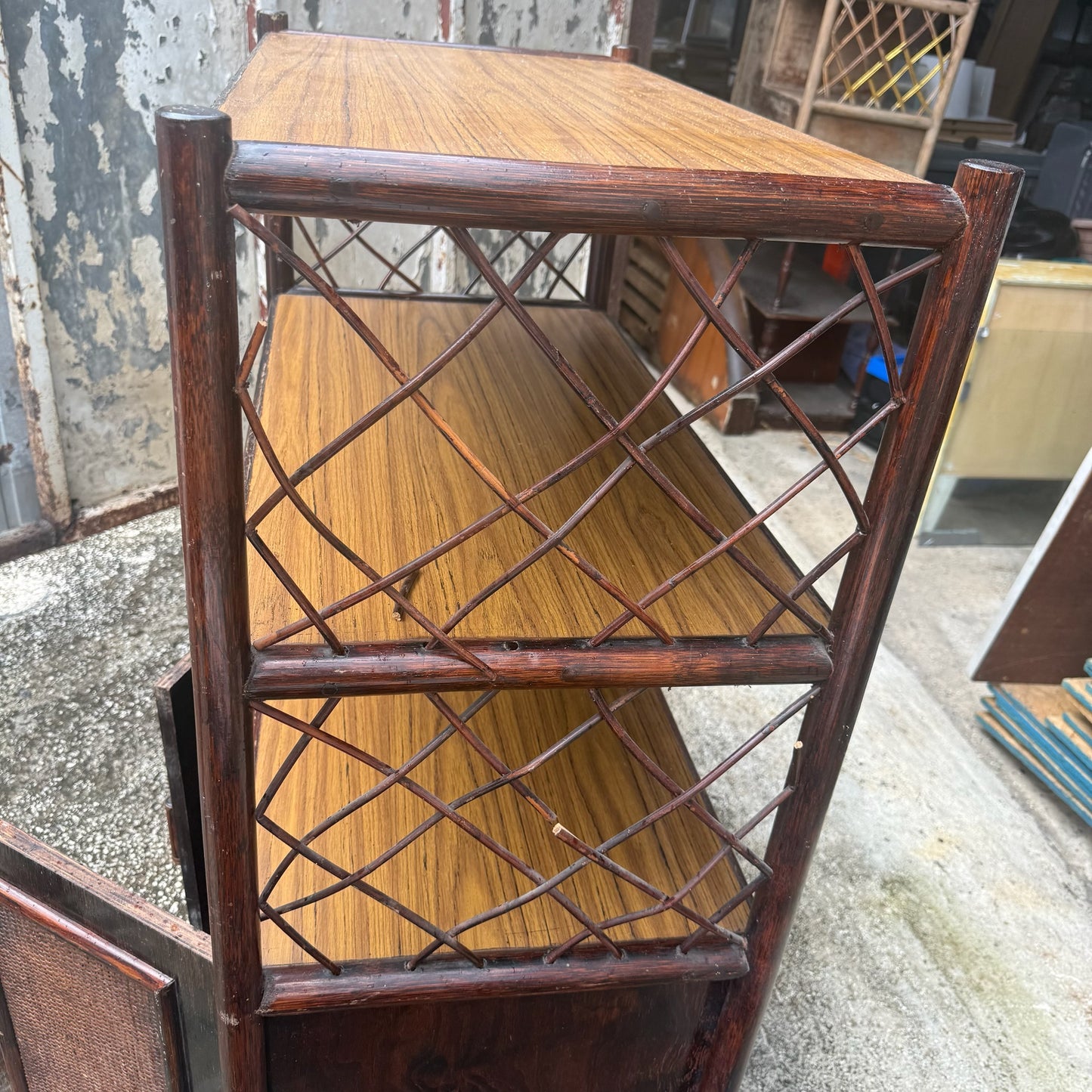 Antique Bamboo Cabinet w/ 3 Tier Shelving Unit- ( 17” W x 32.5” L x 49.5” H)