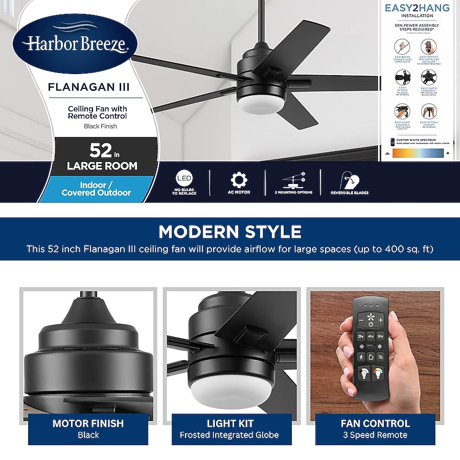 Harbor Breeze Flanagan III 52-in Matte Black with Black/Driftwood Blades Adjustable White
