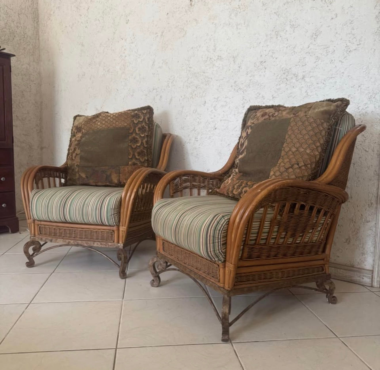 Set of 2 Rattan/Metal Base Accent Chairs