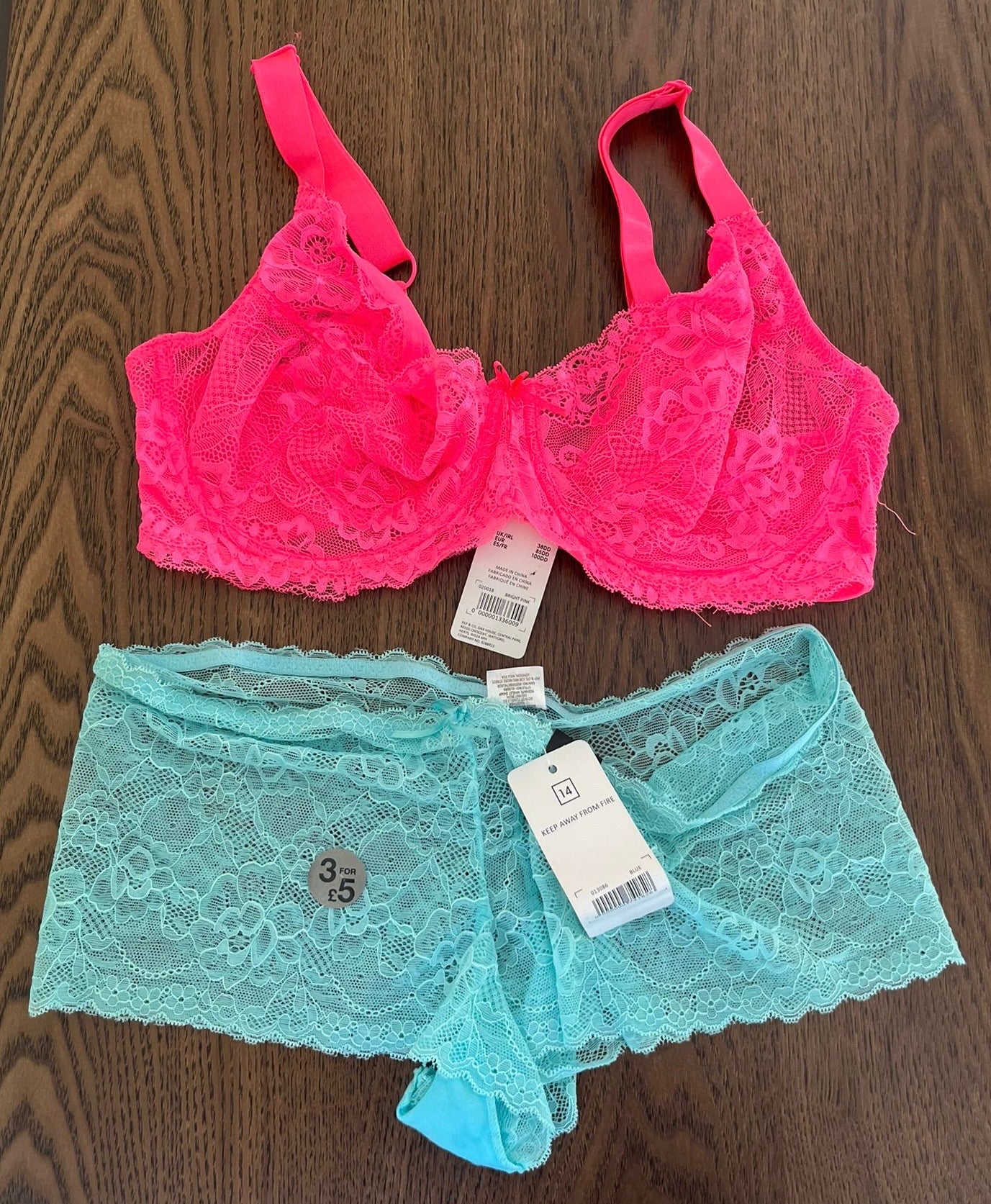 Pink Bra Size 38 DD + Lace Boxer Panty Size 14 + 2 Body Prints Panties (Red and White)- Size 14/16 + 3 Panties- Size 14-16