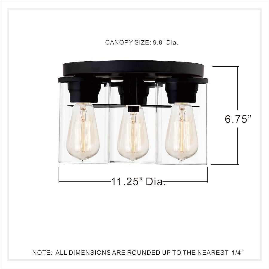 QUOIZEL RENNER 3-Light Matte Black Clear Glass Flush Mount