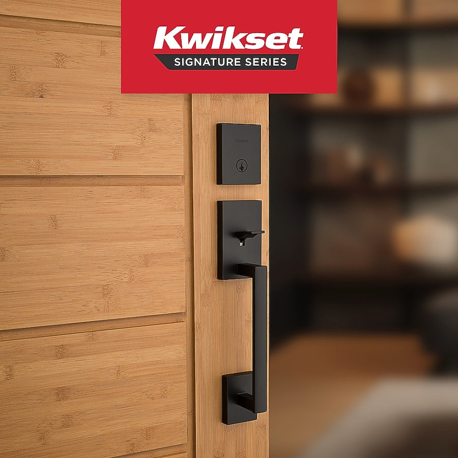 Kwikset Signature Series San Clemente Matte Black Exterior Single-Cylinder Deadbolt and Keyed Entry Door Handleset ft. SmartKey Security