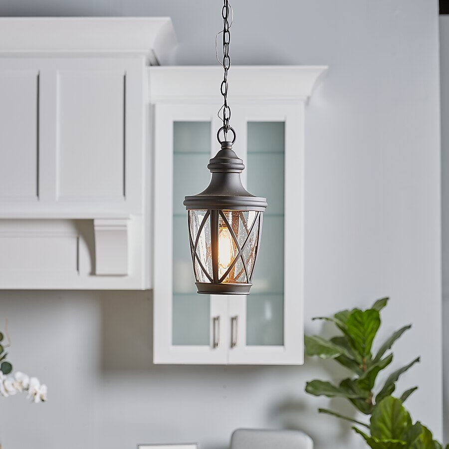 allen + roth Castine 1 Light Bronze Craftsman Seeded glass Lantern Medium Outdoor Hanging Pendant Light