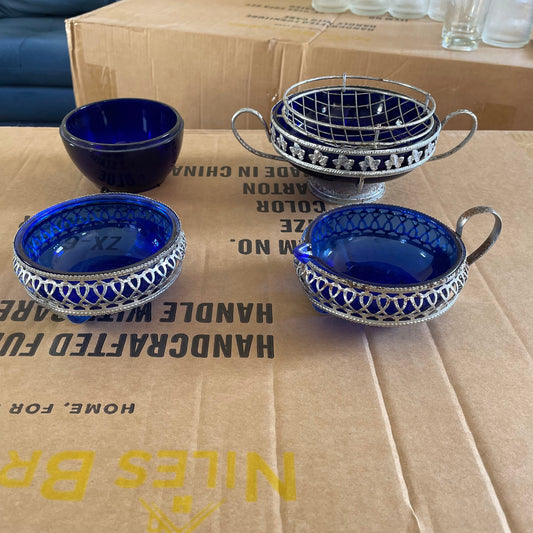 Assorted Cobalt Blue Glass Bowls with Metal Holders
