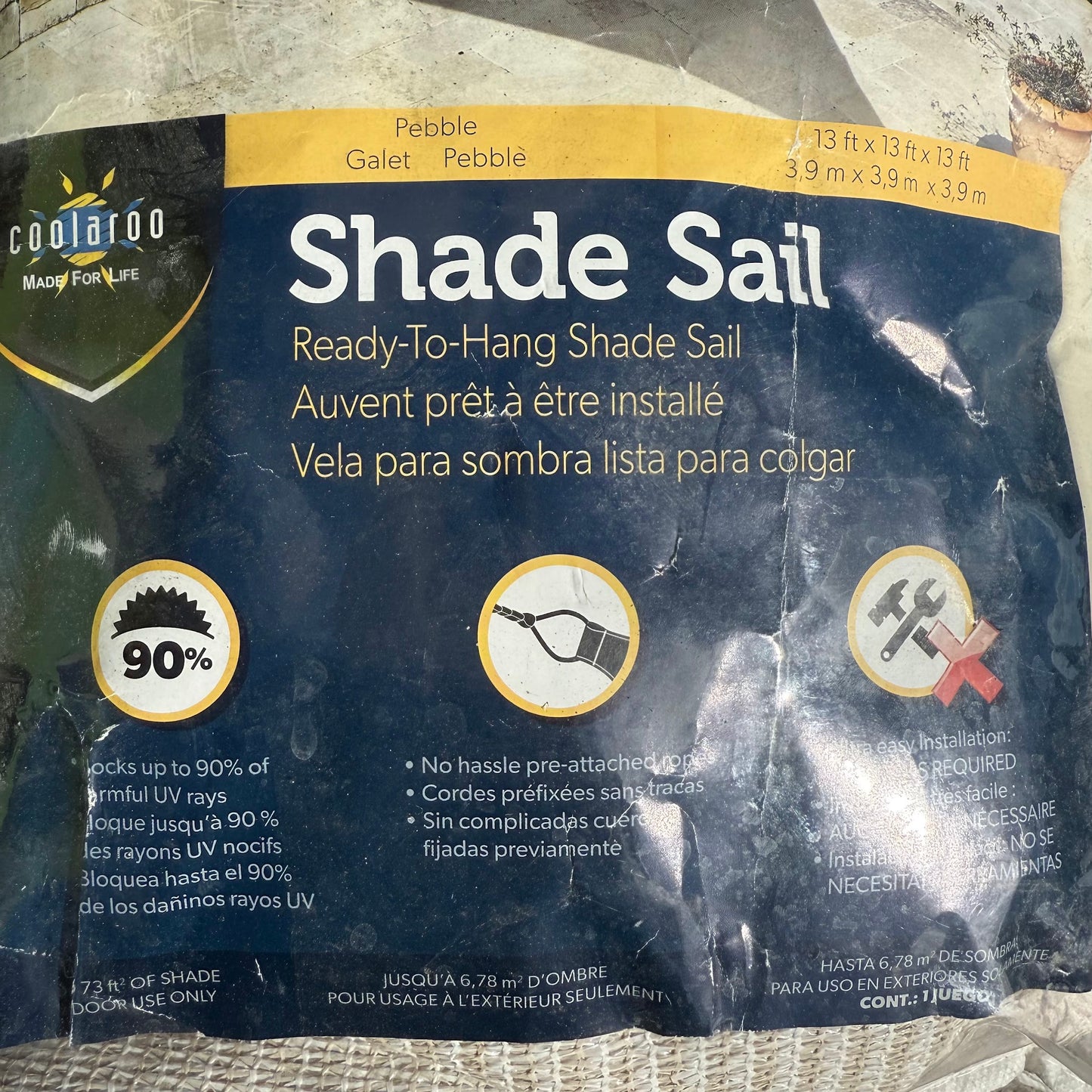 Coolaroo Ready-To-Hang Shade Sail, Pebble, 13 ft x 13 ft x 13 ft