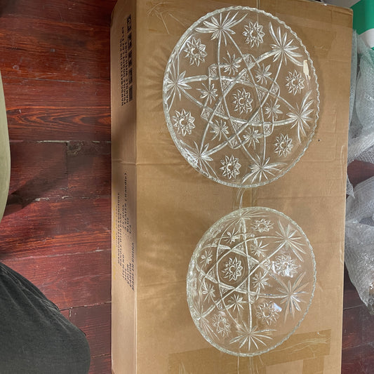 Cut Glass Starburst Serving Bowl and Platter Set