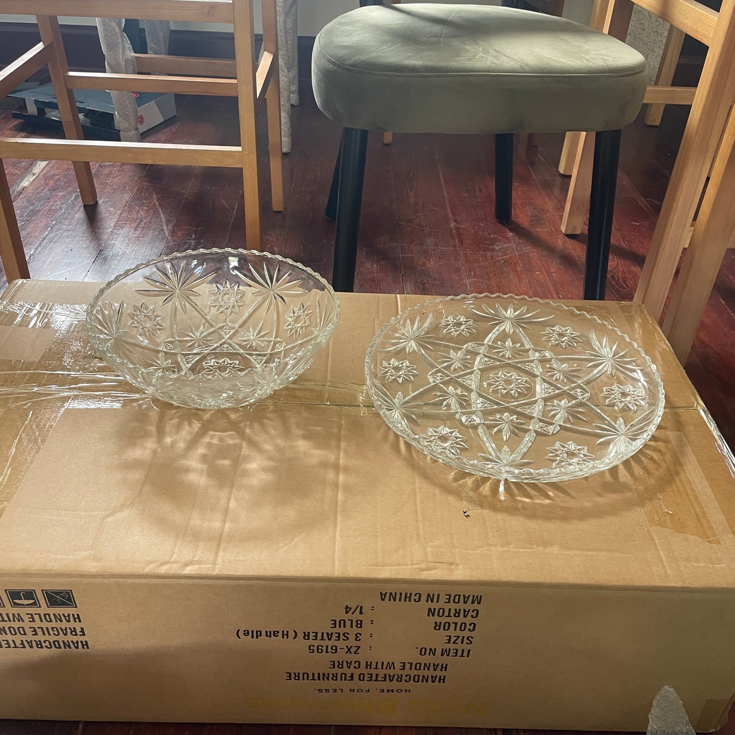 Cut Glass Starburst Serving Bowl and Platter Set