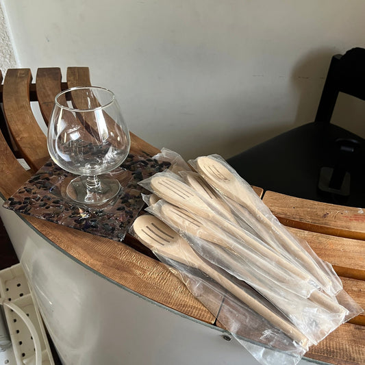 Cognac Glass, Wooden Slotted Spoons + Decorative Art Piece