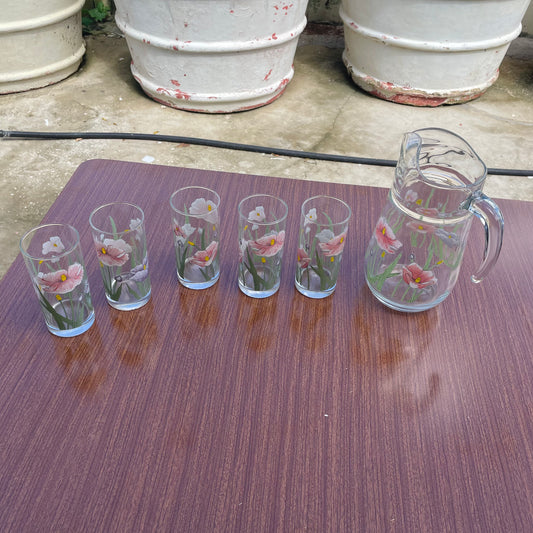 Floral Glass Pitcher and 5 Tumblers Set