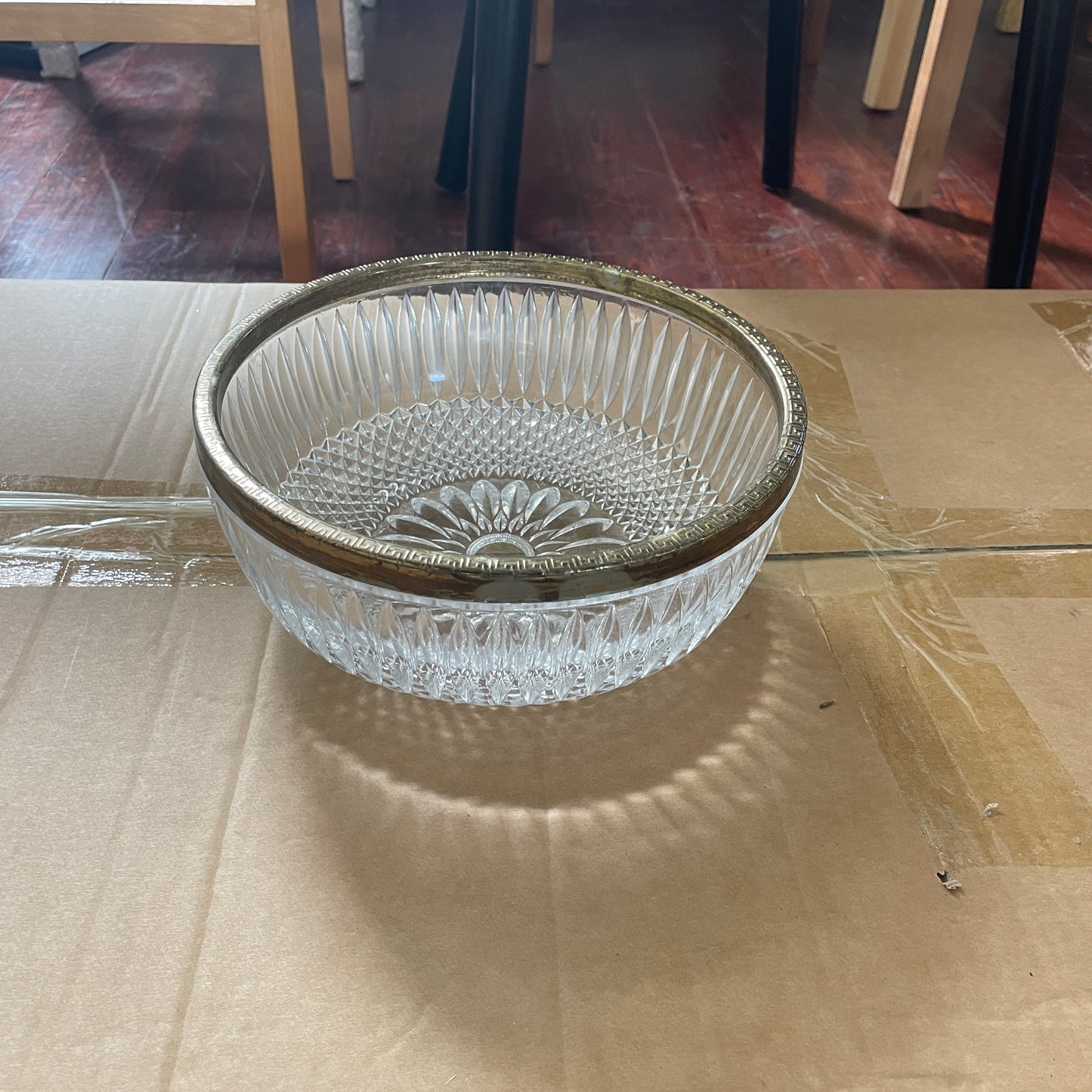 Fluted Cut Glass Serving Bowl with Decorative Metal Rim
