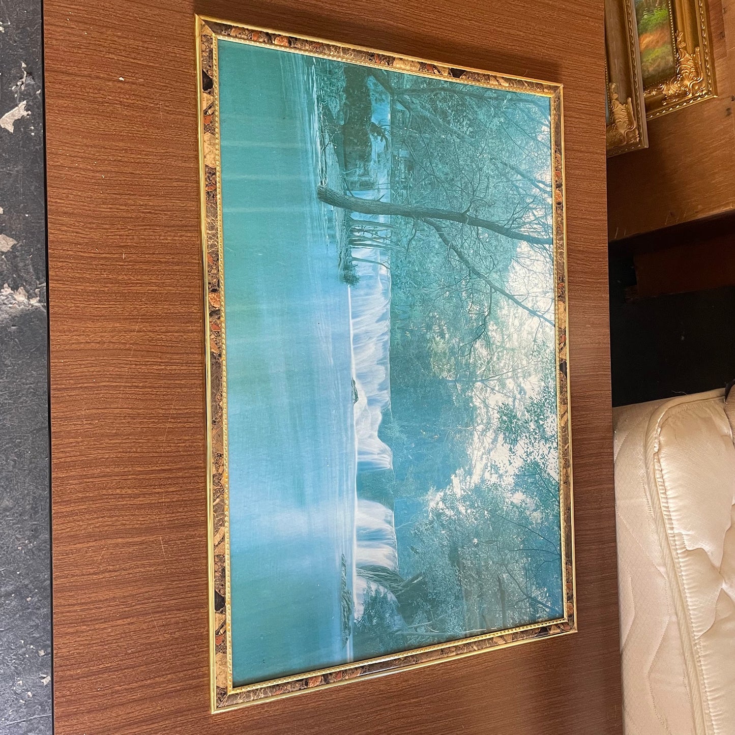 Framed Waterfall and Forest Landscape Art Print with Decorative Border