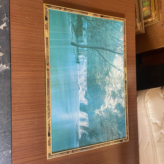 Framed Waterfall and Forest Landscape Art Print with Decorative Border
