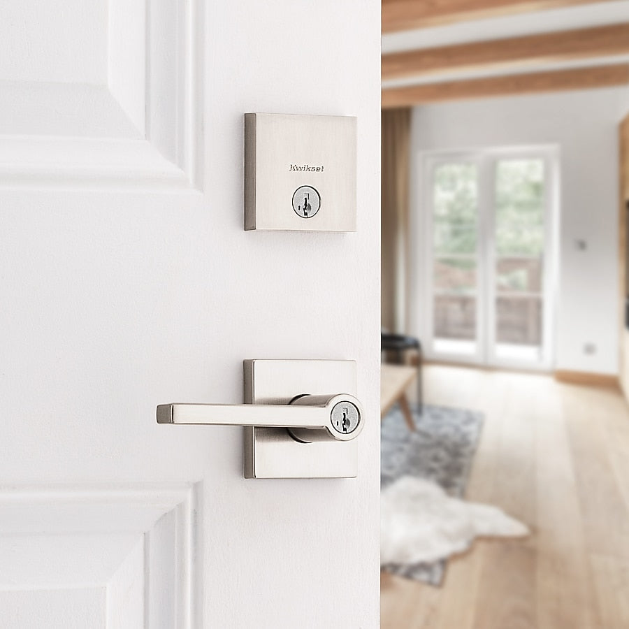 Kwikset Halifax Satin Nickel Interior or Exterior Double-Cylinder Deadbolt and Keyed Entry Door Handleset